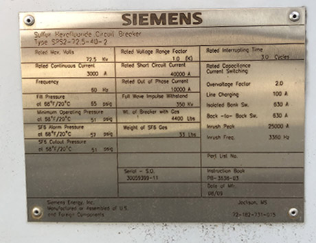 3000 Amp, SIEMENS, No. SPS2-72.5-40-2, 72500 V., 2009, 125 VDC CLOSE & TRIP:1