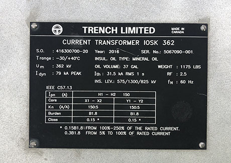 362000 V, TRENCH LIMITED CURRENT TRANSFORMERS, TYPE IOSK362, 150:5
