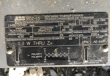25000 V, ABB TYPE VOZ-15 VOLTAGE TRANSFORMERS, Sec. 120 V, 120:1 RATIO:3