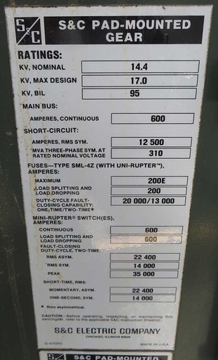 600 Amp, S & C PMH-11, 15000 V, CAT. #55362R3-A10K19M2N6, PADMOUNT SWITCH:1