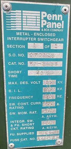 600 Amp, ABB, MINI-RUPTER, 15000 V., CAT. #PP-S458, OUTDOOR, FUSED: 1