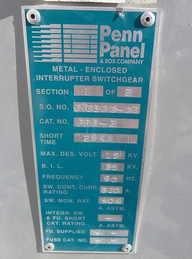 600 Amp, ABB, No. VERSARUPTER, 15000 V., 2007, OUTDOOR:1