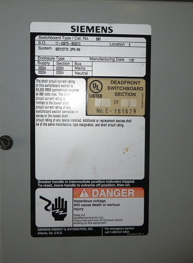 2000 Amp, SIEMENS, V7H3605, 480 V., INDOOR, SWITCHBOARD W/4 X 600 AMP SWITCHES