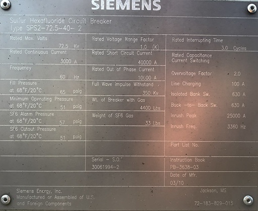 3000 Amp, SIEMENS, No. SPS2-72.5-40-2, 72500 V., 2010, FA2.20 MECH, 125 VDC:1