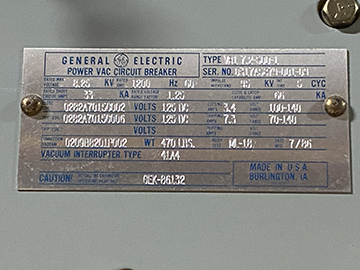 1200 Amp, GENERAL ELECTRIC, VB1 7.2-500-1, 8.25 KV, 125 VDC CLOSE & TRIP