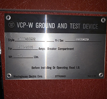 1200/2000 Amp, WESTINGHOUSE VCPW, GROUND & TEST, 5/15 KV, 1988, 3777A50G02:1