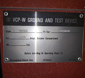 1200/2000 Amp, WESTINGHOUSE VCPW, GROUND & TEST, 5/15 KV, 1988, 3777A50G02:1