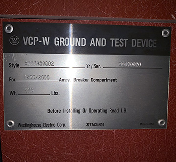 1200/2000 Amp, WESTINGHOUSE VCPW, GROUND & TEST, 5/15 KV, 1988, 3777A50G02:1