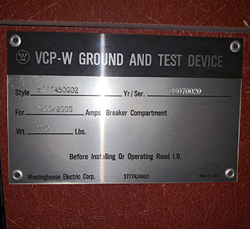 1200/2000 Amp, WESTINGHOUSE VCPW, GROUND & TEST, 5/15 KV, 1988, 3777A50G02:1
