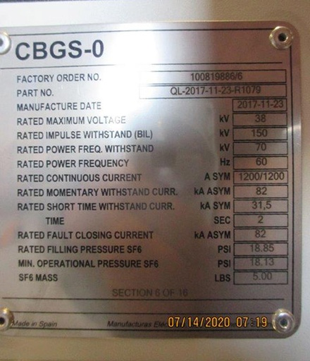 1200 Amp, SCHNEIDER, CBGS-0, 38 KV, 2017, SF6 INSULATED
