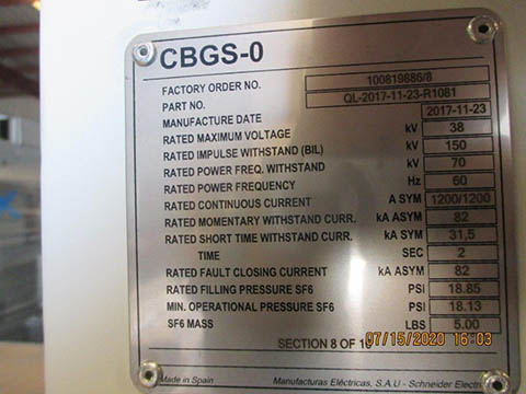 1200 Amp, SCHNEIDER, CBGS-0, 38 KV, 2017, SF6 INSULATED