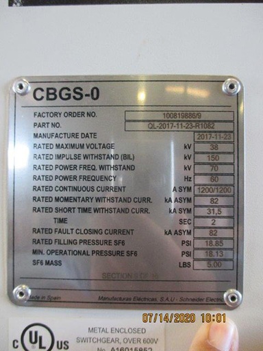 1200 Amp, SCHNEIDER, CBGS-0, 38 KV, 2017, SF6 INSULATED