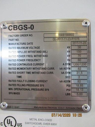 1200 Amp, SCHNEIDER, CBGS-0, 38 KV, 2017, SF6 INSULATED