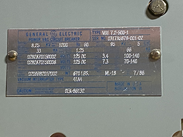 1200 Amp, GENERAL ELECTRIC, VB1 71.2-500-1, 8.25 KV, 125 VDC CLOSE & TRIP