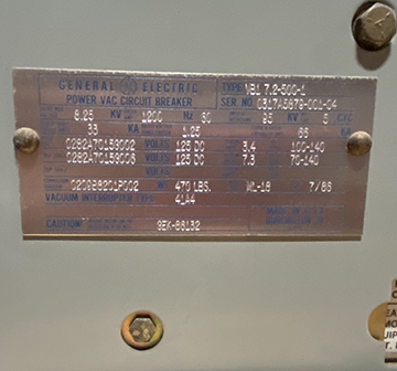 1200 Amp, GENERAL ELECTRIC, VB1 71.2-500-1, 8.25 KV, 125 VDC CLOSE & TRIP