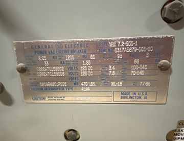 1200 Amp, GENERAL ELECTRIC, VB1 71.2-500-1, 8.25 KV, 125 VDC CLOSE & TRIP