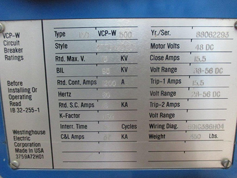 1200 Amp, CUTLER HAMMER, 150VCPW500, 15 KV, 48 VDC CLOSE & TRIP, 3776A20G01