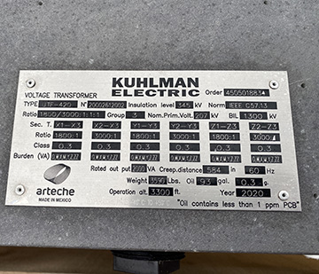 345000 V, 207 KV PRI., Sec. 115/69 V, 1800:3000:1:1:1, KUHLMAN PT, UNUSED