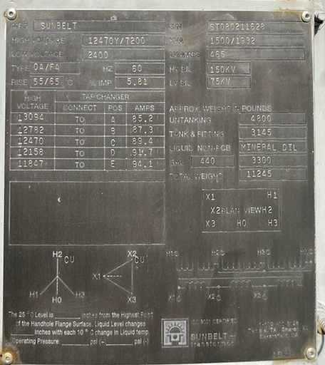 1500/1932 KVA, Pri 12470Y/7200, Sec 2400 D, SUNBELT:1