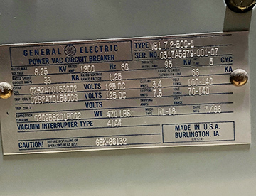 1200 Amp, GENERAL ELECTRIC, VB1 7.2-500-1, 8.25 KV, 125 VDC CLOSE & TRIP