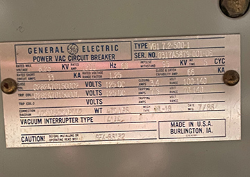 1200 Amp, GENERAL ELECTRIC, VB1 7.2-500-1, 8.25 KV, 125 VDC CLOSE & TRIP