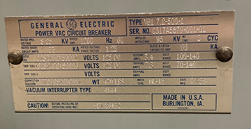 1200 Amp, GENERAL ELECTRIC, VB1 7.2-500-1, 8.25 KV, 125 VDC CLOSE & TRIP