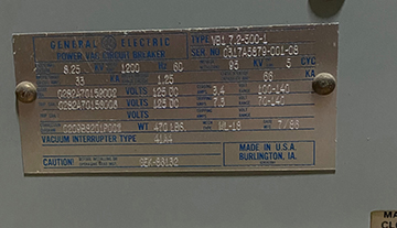 1200 Amp, GENERAL ELECTRIC, VB1 7.2-500-1, 8.25 KV, 125 VDC CLOSE & TRIP