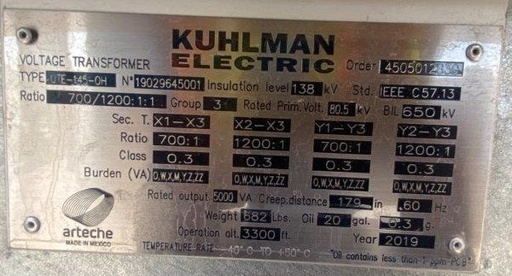 80500 V PRI, Sec 115/67.08 & 115/67.08 V, 700/1200:1 & 700/1200:1, KUHLMAN:2