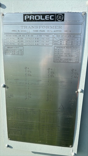 30/40/50 MVA, Pri 138000x69000D, Sec 13800Yx7965, GE PROLEC,
