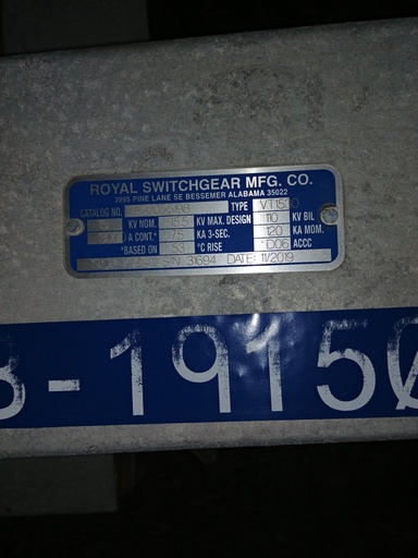 3000 Amp, ROYAL, No. VT1350, 15000 V, 2019, VERTICAL MOUNT/HORIZONTAL BREAK