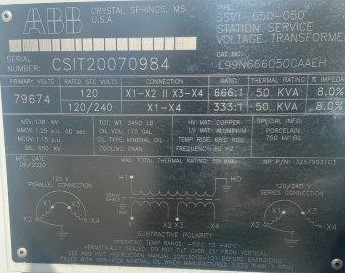 138000 V, 79674 V PRI., 120 V & 120/240 V Sec., ABB SSVT-650-050, 666:1 & 333:1