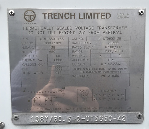 138000 NSV, 80500 V PRI, Sec. 67.08/115 V, 2009, TRENCH UT5-650-138, 1200/700:1