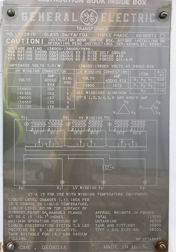 24/32/40 MVA, Pri 138000 D, Sec 13800Y/7970, General Electric Transformer