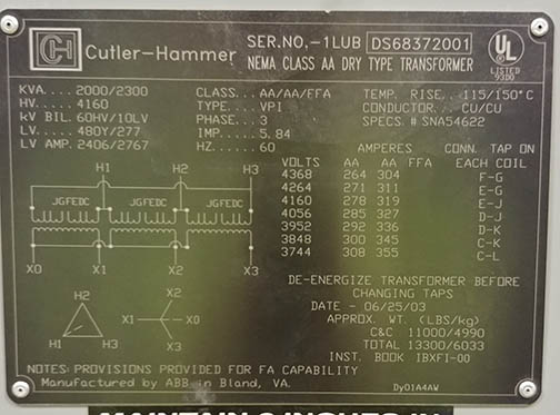 2000/2300 KVA, Pri 4160 D, Sec 480Y/277, 2003, CUTLER-HAMMER, INDOOR, COPPER:1