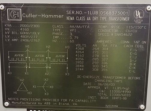 2000/2300 KVA, Pri 4160 D, Sec 480Y/277, 2003, CUTLER-HAMMER, INDOOR, COPPER:1