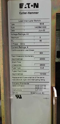 600 Amp, EATON CUTLER-HAMMER, MVS, 5000 V., 2003, ALTERNATE PREFERRED, FUSED:1