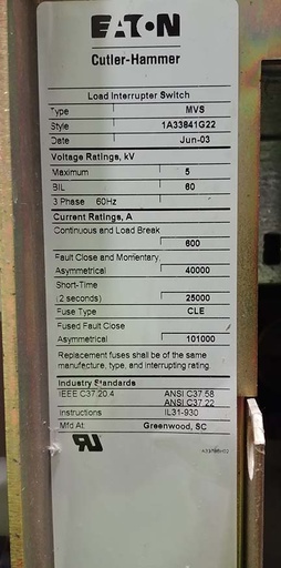 600 Amp, EATON/CUTLER-HAMMER, MVS, 5000 V., ALTERNATE PREFERRED, FUSED:1