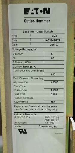 600 Amp, EATON/CUTLER-HAMMER, MVS, 5000 V., ALTERNATE PREFERRED:1