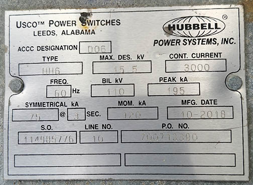 3000 Amp, HUBBELL-USCO, No. HH6, 15500 V, SINGLE PHASE, HOOKSTICK