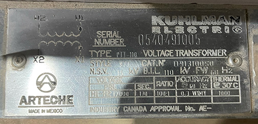 12000 V, Sec. 120 V, KUHLMAN VOLTAGE TRANSFORMER, PTT-110-977, 100:1 - 2