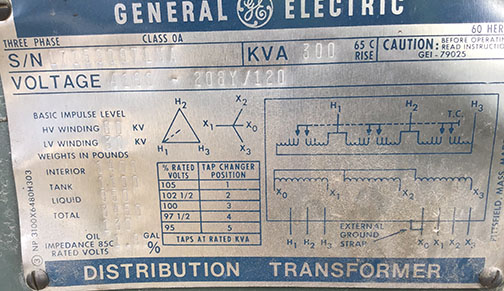 300 KVA, Pri 4160 D, Sec 208Y/120, GENERAL ELECTRIC