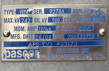 3000 Amp, PASCOR, VBPA, 242 KV, 2008, VBPA, HORIZONTAL MOUNT, VERTICAL BREAK:1