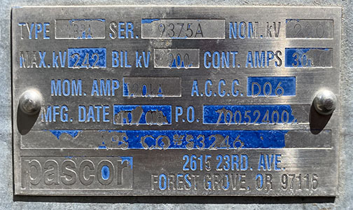 3000 Amp, PASCOR, VBPA, 242 KV, 2008, VBPA, HORIZONTAL MOUNT, VERTICAL BREAK:1