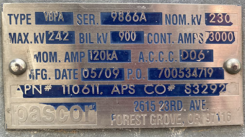 3000 Amp, PASCOR, VBPA, 242 KV, HORIZONTAL MOUNT, VERTICAL BREAK