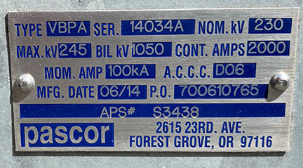 2000 Amp, PASCOR, VBPA, 242 KV, VBPA, HORIZONTAL MOUNT, VERTICAL BREAK