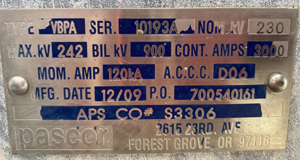 3000 Amp, PASCOR, No. VBPA, 230000 V, HORIZONTAL MOUNT, VERTICAL BREAK, M/O:1
