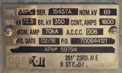 1600 Amp, PASCOR, No. SBPC, 69000 V, HORIZONTAL MOUNT, SIDE CENTER BREAK, M/O