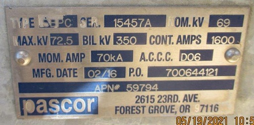 1600 Amp, PASCOR, No. SBPC, 69000 V, HORIZONTAL MOUNT, SIDE CENTER BREAK, M/O