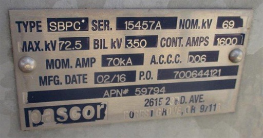 1600 Amp, PASCOR, No. SBPC, 69000 V, HORIZONTAL MOUNT, SIDE CENTER BREAK, M/O
