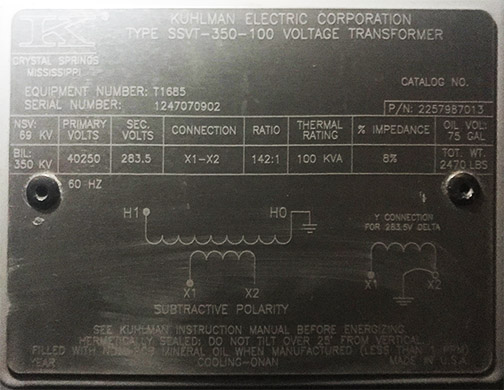 69000 NSV, 40250 V PRI, 283.5 V SEC, KUHLMAN SSVT-350-100 TRANSFORMERS
